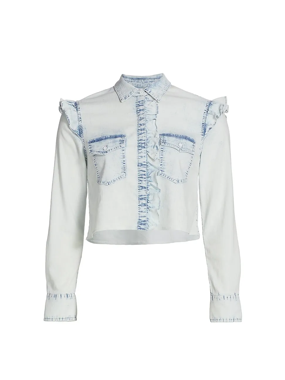 Alice   Olivia Crop Chambray Shirt in Ocean Blues, Size Small